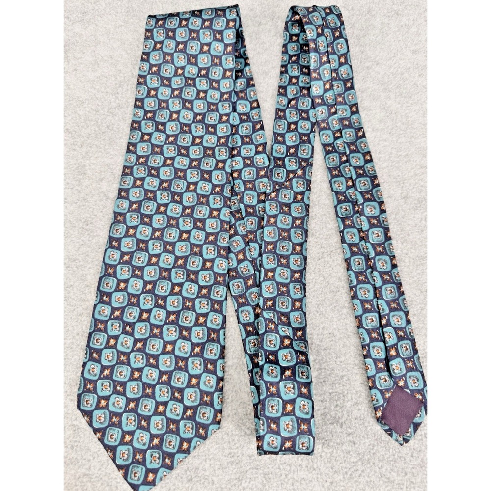 Blue Teal Geometric Floral Silk Tie Vintage Medallion Pattern Mens Classic Neckt